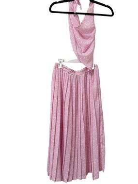 Vintage Pink Pleated Midi Skirt & Scarf Set